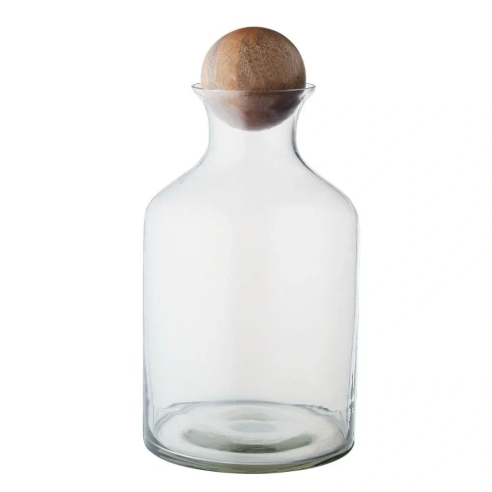 POTTERY BARN Glass Decanter with Wood Stopper NEW